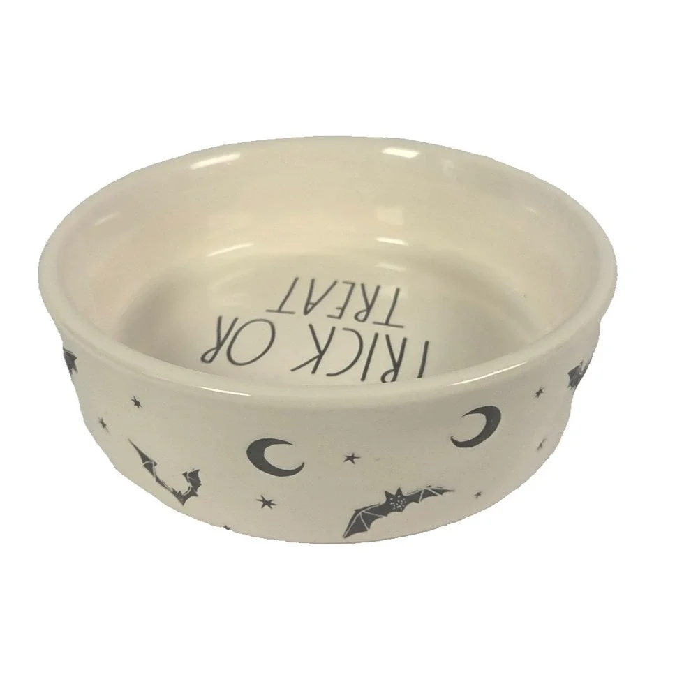 Rae Dunn Trick or Treat Halloween Pet Bowl 5 Inch Bats Moon Ceramic Magenta New